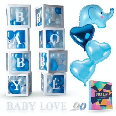 Fissaly® 58 Pieces Babyshower Boy & Gender Reveal Decoration Boxes – Baby Boy – Mommy to Be Party  - Decoration Balloons Package  - Party Package