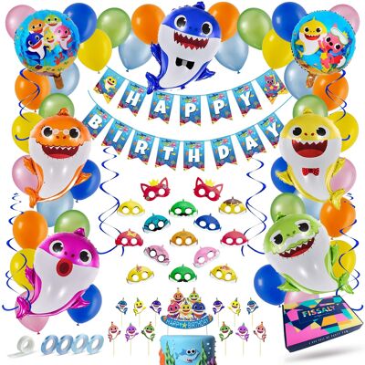 Fissaly® 82 Stück Hai-Geburtstagsdekoration – Hai-Motto-Partydekoration – inklusive Party-Luftballons und Girlanden