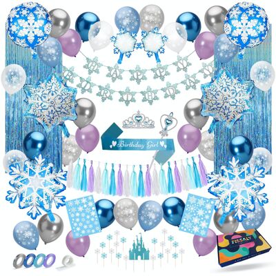 Fissaly® 77 Stücke Geburtstagsdekoration mit dem Thema „Die Eiskönigin“ – Partypaket mit Luftballons, Kuchendekoration, Girlanden und Wimpelkette – Partygirl für Kinder