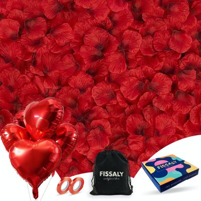 Fissaly® 2000 Stück rote Rosenblätter mit Herzballons – romantische Liebesdekoration – Geschenkdekoration zum Vatertag – Valentinstag – Liebe – Rot – Geschenk für Sie und Ihn