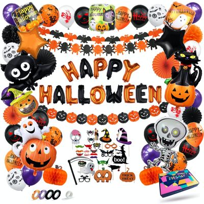Fissaly® 89 Pieces Halloween Decoration Set – Creepy Party Decoration with Strings & Balloons – Accessories for Themed Party Party Decoration with bat, ghost, skeleton, pumpkin, witch & photobooth props