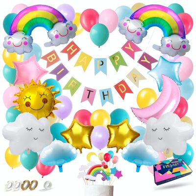 Fissaly® 73 Stuks Regenboog Wolken Decoratie Set – Feest Versiering met Pastel Ballonnen – Feestdecoratie Verjaardag & Themafeest - Feestversiering met slingers, cupcake topper, taarttopper & eenhoorn tattoos voor kinderen