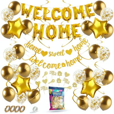 Decoración dorada de bienvenida a casa de Fissaly® - Decoración de bienvenida a casa - Fiesta sorpresa - Incluye globos, pancartas, pancartas, adornos para pasteles y accesorios