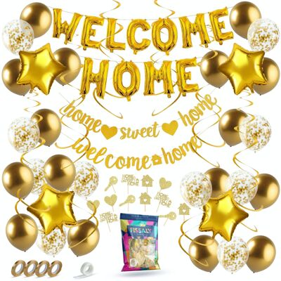 Fissaly® Welcome Home Golden Decoration – Welcome Home Decoration - Suprise Party – Includes Balloons, Banners, Banner, Cake Toppers & Accessories