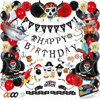 Fissaly® Piraten-Partyartikel, Geburtstagsdekoration, Party-Set – Piratenparty-Dekorationen – Kinderparty, Junge und Mädchen – inkl. Luftballons, Piratenschiff, Luftschlangen, Verkleidungskleidung, Tattoos und Accessoires