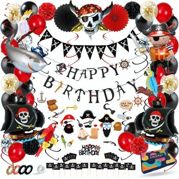 Fissaly® Pirates Party Articles Anniversaire Décoration Party Set – Pirate Party Decorations - Enfants Fête Garçon & Fille – Incl. Ballons, bateau pirate, banderoles, vêtements habillés, tatouages et accessoires 1