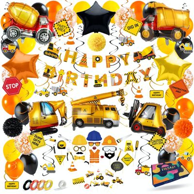 Fissaly® 106 piezas Juego de decoración temática de cumpleaños de construcción: fiesta infantil y fiesta temática: fiesta de construcción Happy Birthday Boy: camión, vehículo de construcción, excavadora y tractor: fiesta infantil en construcción