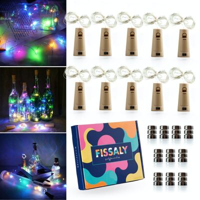 Fissaly® 10 Stücke farbige LED-Korken-Flaschenbeleuchtung Dekoration inkl. Batterien – Partybeleuchtung & Stimmungslampen - Flaschenlicht - Stimmungsbeleuchtung mit 200 Lichtern in Lichterkette für Flaschen