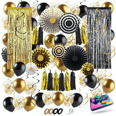 Fissaly® 68 pcs Black & Gold XL Decoration Party Package Embellishment - Gold Balloons & Stringes – Birthday Party, Sarah, Abraham, Wedding & Wedding