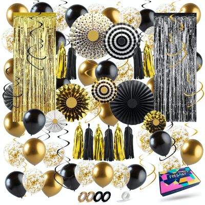 Fissaly® 68 Stücke Schwarz & Gold XL Dekoration Partypaket Verzierung – Goldballons & Schnüre – Geburtstagsparty, Sarah, Abraham, Hochzeit & Hochzeit