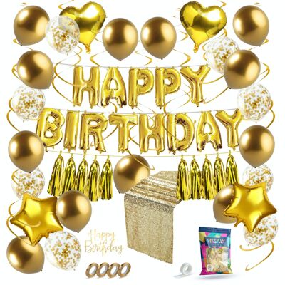 Fissaly® 45 Pieces Golden Birthday Decoration Embellishment with Balloons –Happy Birthday Party  - Party Gold – Party - Helium