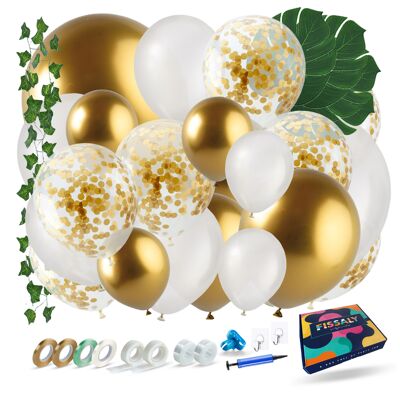 Arco de globos Fissaly® blanco, dorado y verde – Adorno de decoración para fiestas con arco de globos – Arco de globos de helio, látex y confeti de papel para cumpleaños