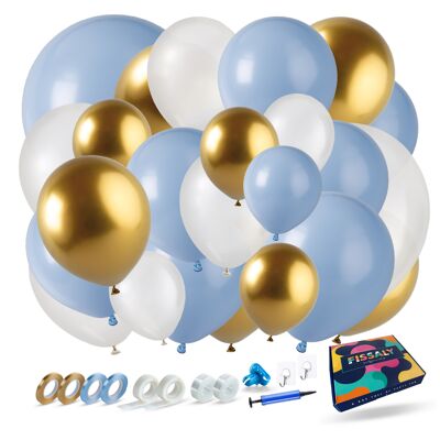 Fissaly® Arco de Globos Azul, Blanco y Dorado con Globos Doblemente Rellenos - Decoración de Arco de Globos - Decoración para Fiestas Cumpleaños