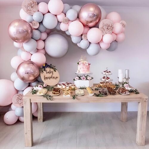 Fissaly® Pastel Balloon Arch Macaron Pink, Gray & Rose Gold – Balloon Arch Party Decoration Embellishment – Birthday - Helium, Latex, Foil & Paper Confetti Balloons Bow