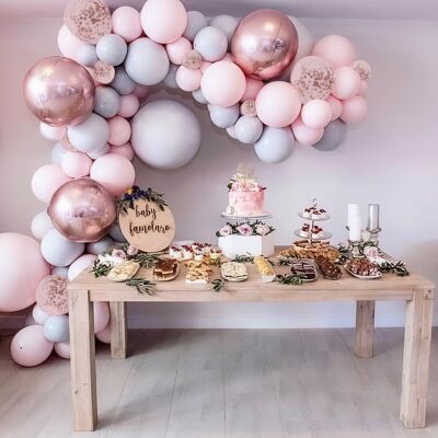 Fissaly® Arco de Globos Pastel Macaron Rosa, Gris y Oro Rosa - Arco de Globos Decoración de Fiesta - Cumpleaños - Arco de Globos de Helio, Látex, Papel y Confeti