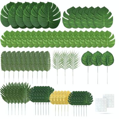 Fissaly® 75 Pieces Tropical Leaves Decoration with Ribbon – Art Leaf – Birthday Jungle Embellishment – Palm – Green & Gold