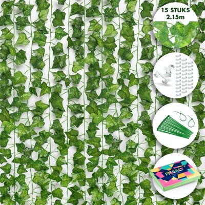 Fissaly® 15 Stuks Hedera Helix Klimop Slinger Versiering Set Incl. 62 Accessoires – Backdrop Planten Decoratie voor Woonkamer & Feest – Kunstplant, Hangplant & Nepplant