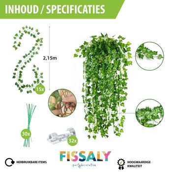 Fissaly® 15 Pièces Hedera Helix Ivy Guirlande Décoration Set Incl. 62 accessoires – décoration de plantes de fond pour salon & fête – plante artificielle, plante suspendue et fausse plante 2