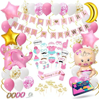 Fissaly® 80 Teile Babyparty-Dekoration für Mädchen und zur Enthüllung des Geschlechts – Baby-Mädchen – Party-Dekorationspaket für die werdende Mama