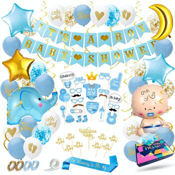 Fissaly® 81 pièces Babyshower Boy & Gender Reveal Décoration – Baby Boy – Mommy to Be Party Decoration Package  1