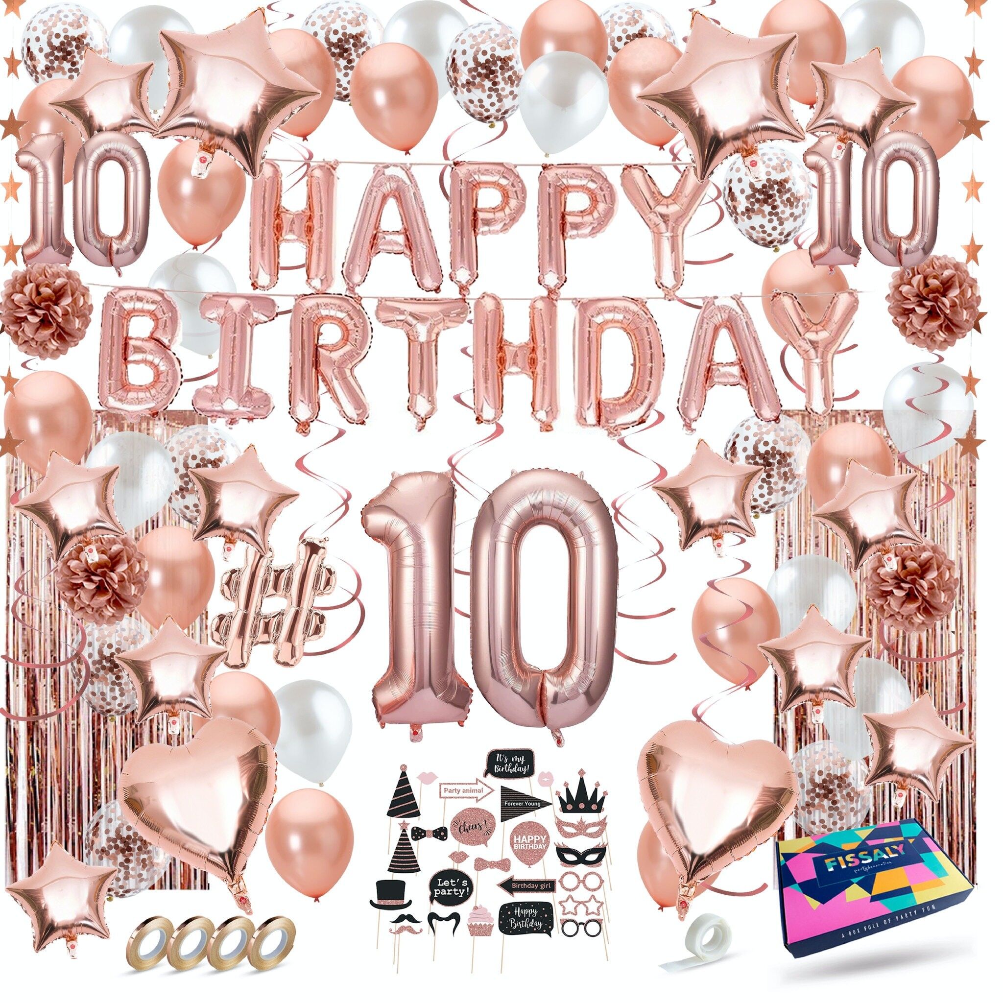 Fissaly® 10 Year Rose Gold Anniversary Decoration Embellishment - Hélium, Latex & Paper Confetti Balloons