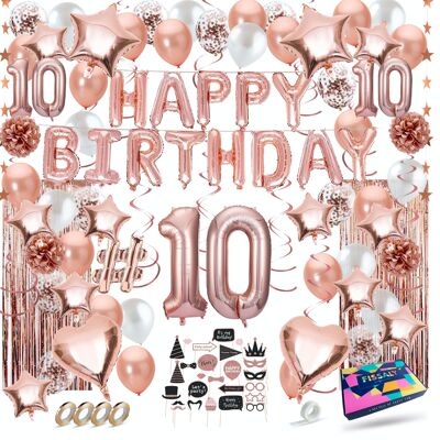 Fissaly® 10 años Rose Gold Cumpleaños Decoración Adorno - Globos de helio, látex y papel confeti