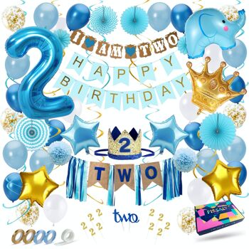 Fissaly® Enfant 2 An Décoration d'anniversaire Garçon XXL –  Décoration Joyeux anniversaire Incl. Ballons – Bleu 1