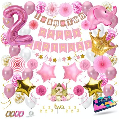 Fissaly® Decoración de cumpleaños infantil de 2 años Niña XXL – Decoración de feliz cumpleaños incl. Globos – Rosa