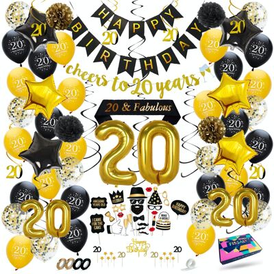 Fissaly® 20 Anniversaire Décoration Parure - Ballons – Anniversaire Homme & Femme - Noir et Or