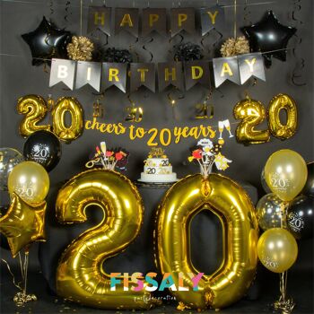 Fissaly® 20 Anniversaire Décoration Parure - Ballons – Anniversaire Homme & Femme - Noir et Or 2