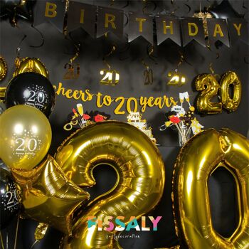 Fissaly® 20 Anniversaire Décoration Parure - Ballons – Anniversaire Homme & Femme - Noir et Or 3