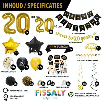Fissaly® 20 Anniversaire Décoration Parure - Ballons – Anniversaire Homme & Femme - Noir et Or 4