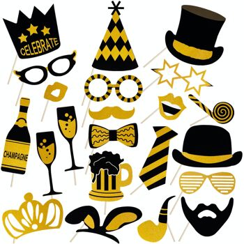 Fissaly® 22 Pièces Party Photobooth Props - Photo Booth Props - Photo Decoration Party - Noir & Or 1