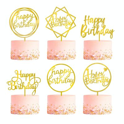 Fissaly® Juego de 6 piezas de adornos para pasteles y adornos para pasteles dorados Happy Birthday - Decoración de pasteles - Decoración para pasteles