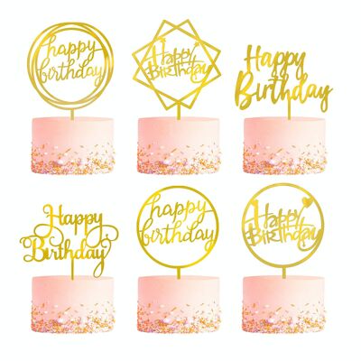 Fissaly® 6 Stuks Gouden Happy Birthday Taarttopper & Caketopper Set – Taartversiering – Decoratie Topper