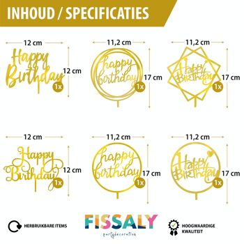 Fissaly® 6 Pièces Golden Happy Birthday Cake Topper & Cake Topper Set - Décoration de Gâteaux - Décoration Topper 2