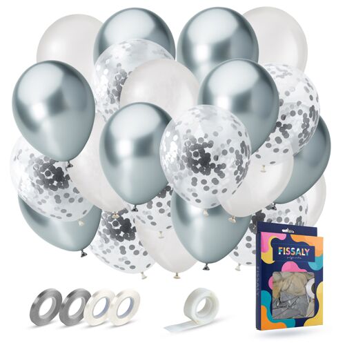 Fissaly® 40 pcs Silver, White & Silver Paper Confetti Helium Latex Balloons with Accessories – Metallic Chrome - Decoration
