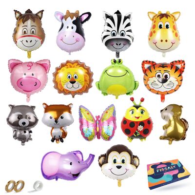 Fissaly® 15 Large Animals Foil Balloons with Ribbon – Party Decoration – Children's party – Decoration
