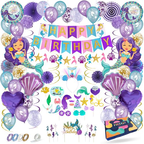 Fissaly® 96 Pieces Mermaid Birthday Decoration – Children's Party Girl Decoration – Mermaid Party Pack