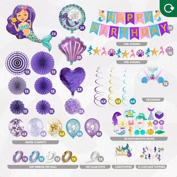 Fissaly® 96 pièces Décoration d'anniversaire sirène – Décoration de fête pour enfants – Pack de fête sirène 3