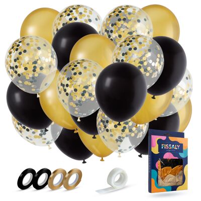 Fissaly® 40 pièces Ballons à confettis dorés, noirs et en papier avec accessoires – Embellissements de décoration – Latex