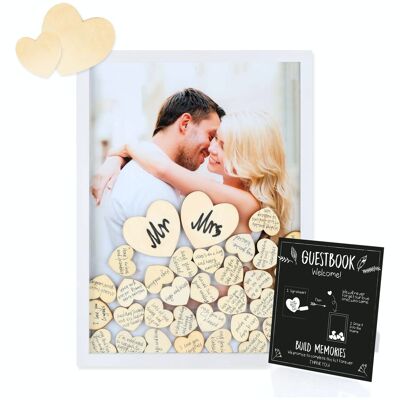 Fissaly® Wedding & Wedding Guestbook con 100 piezas de corazones de madera – Decoración de fiesta de bodas – Libro de recepción – Regalo