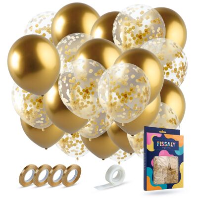 Fissaly® 40 pcs Gold & Confetti Gold Helium Balloons with Ribbon – Decoration – Embellishment – Paper Confetti – Latex