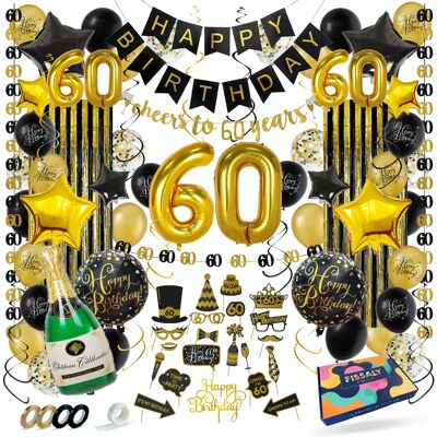 Fissaly® 60 Years Anniversary Decoration Adornment - Balloons – Anniversary Man & Woman - Black and Gold