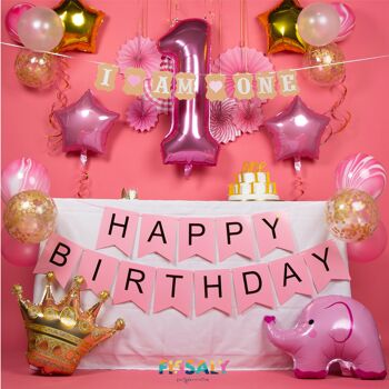 Fissaly® Baby 1 An Birthday Decoration Girl XXL – Happy Birthday Enfant Decoration Incl. Ballons – Rose 2