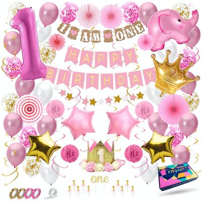 Fissaly® Baby-1.Jahres-Geburtstagsdekoration-Mädchen-XXL – Alles Gute zum Geburtstag-Kind-Dekoration inkl. Luftballons – Rosa