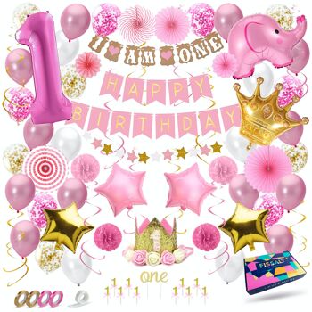 Fissaly® Baby 1 An Birthday Decoration Girl XXL – Happy Birthday Enfant Decoration Incl. Ballons – Rose 1