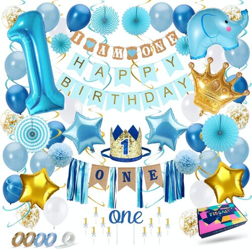 Fissaly® Baby 1 Jaar Verjaardag Versiering Jongen XXL – Happy Birthday Kind Decoratie Incl. Ballonnen – Blauw