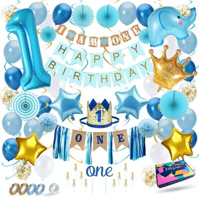 Fissaly® Baby 1 Year Birthday Decoration Boy XXL – Happy Birthday Child Decoration Incl. Balloons – Blue