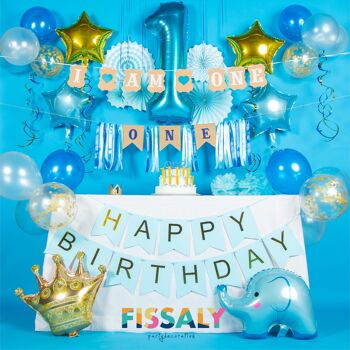 Fissaly® Bébé 1 An Décoration d'anniversaire Garçon XXL –  Happy Birthday Enfant Décoration Incl. Ballons – Bleu 2